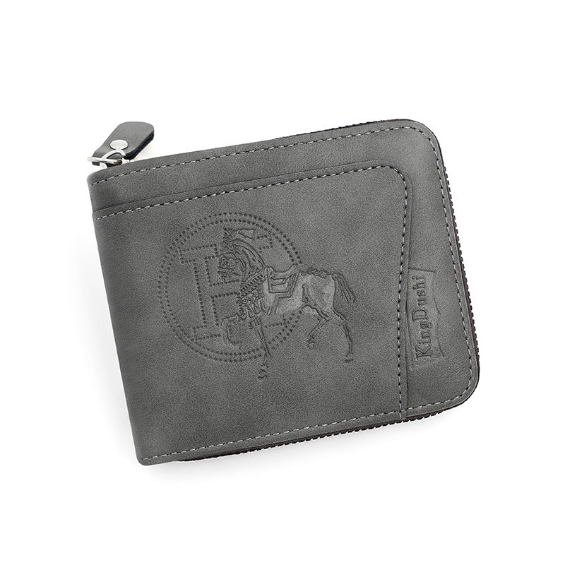 Grey Men's PU Leather Wallet with Zipper and Horse Embossed Design - Compact and Stylish V888-ELOSUNG12759