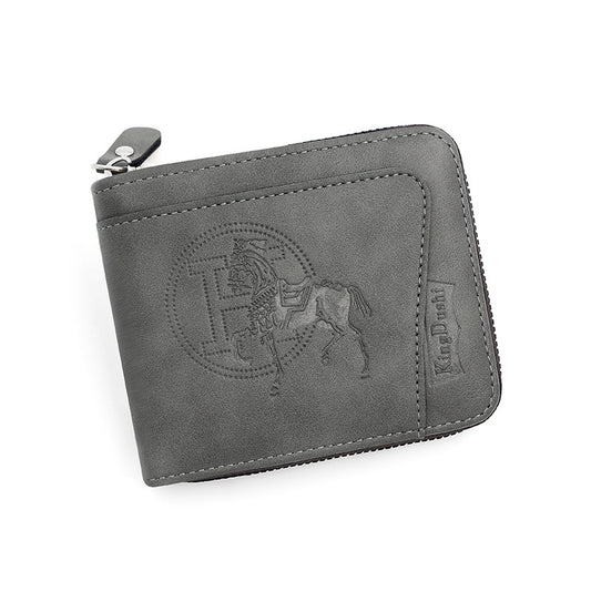 Grey Men's PU Leather Wallet with Zipper and Horse Embossed Design - Compact and Stylish V888-ELOSUNG12759