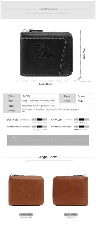 Grey Men's PU Leather Wallet with Zipper and Horse Embossed Design - Compact and Stylish V888-ELOSUNG12759