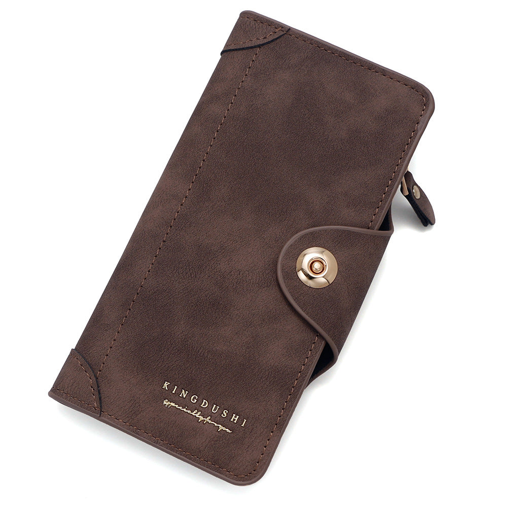 Brown Women's Long Zipper Wallet with Button Closure - PU Leather Multi-Compartment Clutch Purse V888-ELOSUNG12764
