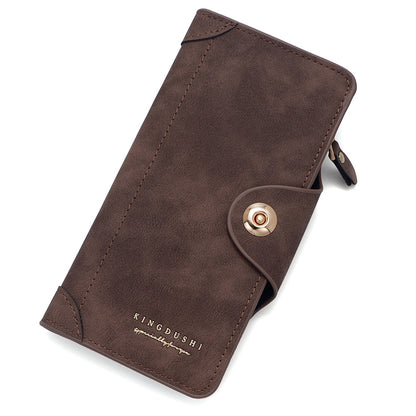Brown Women's Long Zipper Wallet with Button Closure - PU Leather Multi-Compartment Clutch Purse V888-ELOSUNG12764
