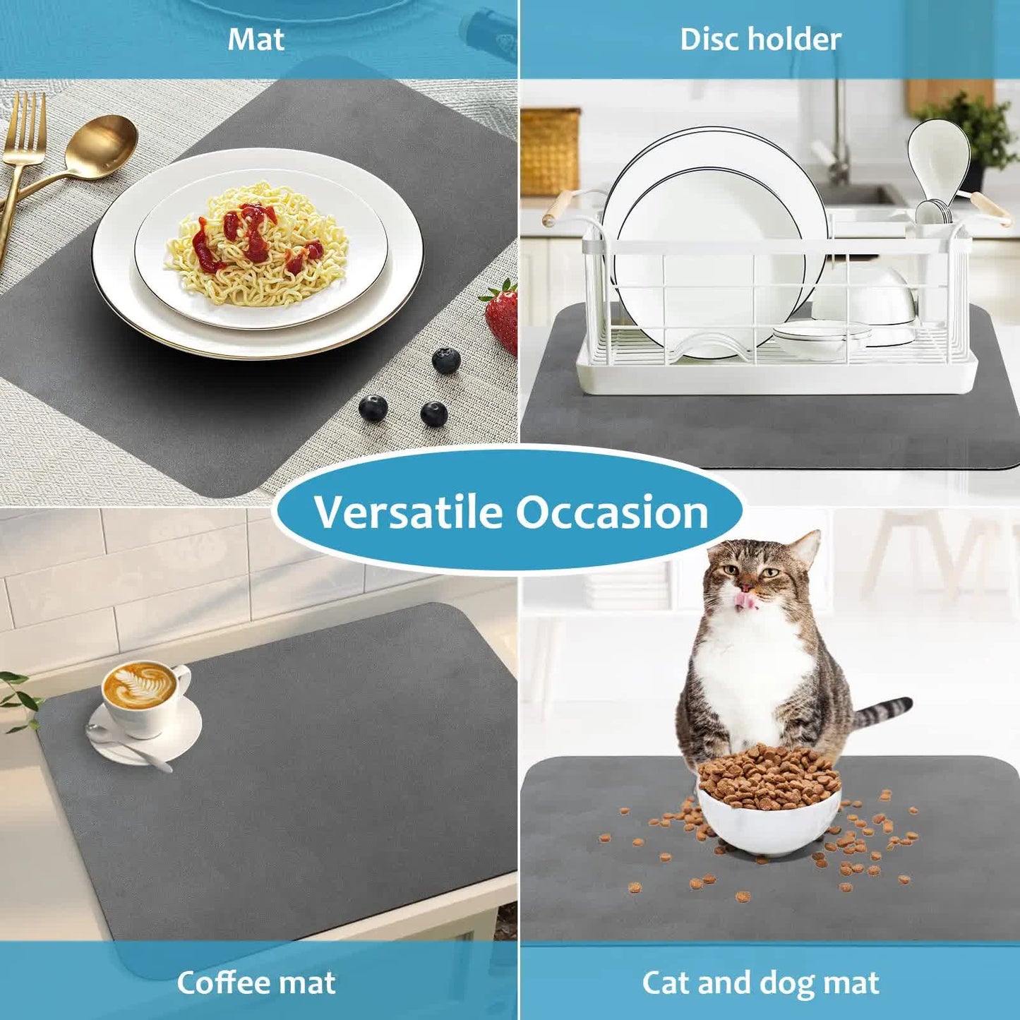 Silver Waterproof Quick-Dry Kitchen Mat - Non-Slip Rubber Base, Absorbent Technology Fabric, 4mm Thick V888-ELOSUNG12820