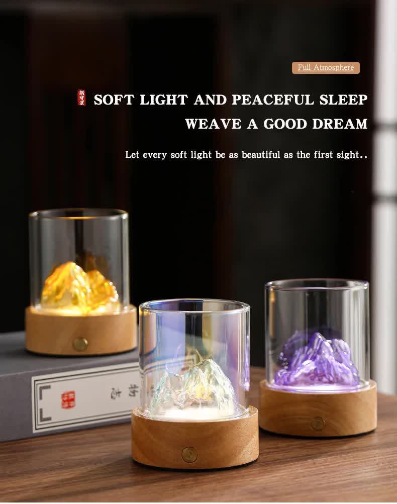 Gold LED Glass Night Light with Mountain Design, USB Rechargeable V888-ELOSUNG12857