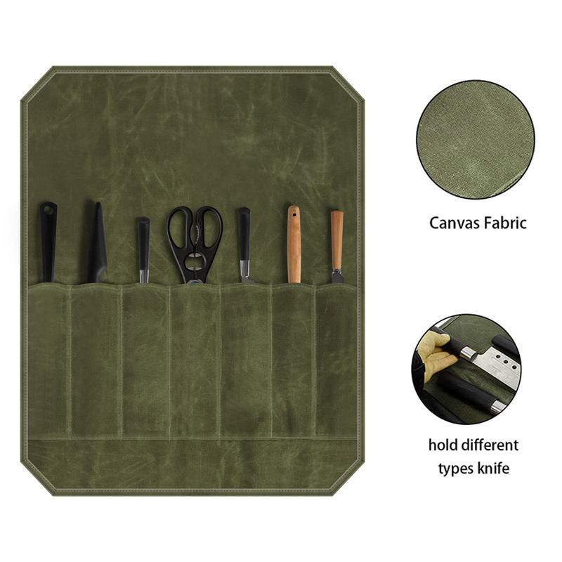 Green Durable Waxed Canvas Knife Roll Bag - Portable Chef Tool Organizer V888-ELOSUNG12873
