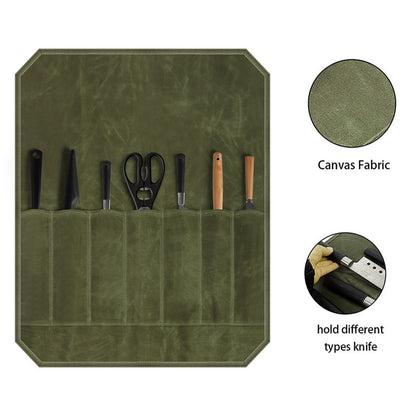 Green Durable Waxed Canvas Knife Roll Bag - Portable Chef Tool Organizer V888-ELOSUNG12873