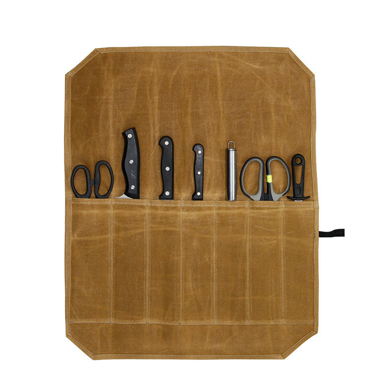 Beige Durable Waxed Canvas Knife Roll Bag - Portable Chef Tool Organizer V888-ELOSUNG12874