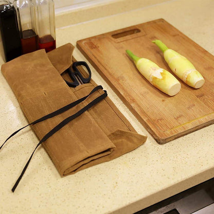 Beige Durable Waxed Canvas Knife Roll Bag - Portable Chef Tool Organizer V888-ELOSUNG12874