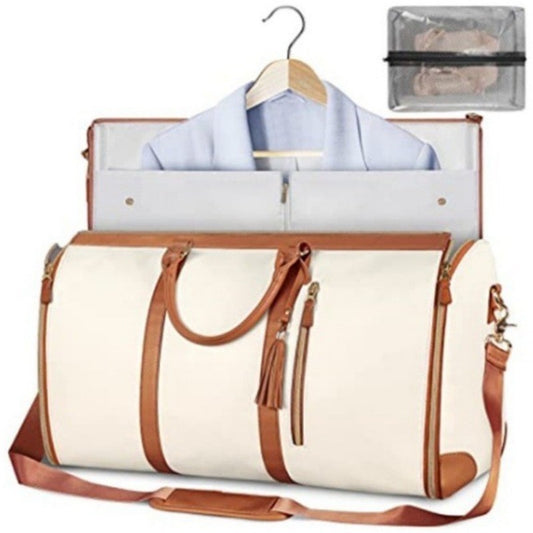 Beige Convertible Garment Duffel Bag with Leather Accents - Travel Weekender Bag for Suits and Dresses V888-ELOSUNG12953