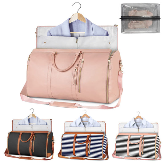 Beige Convertible Garment Duffel Bag with Leather Accents - Travel Weekender Bag for Suits and Dresses V888-ELOSUNG12953