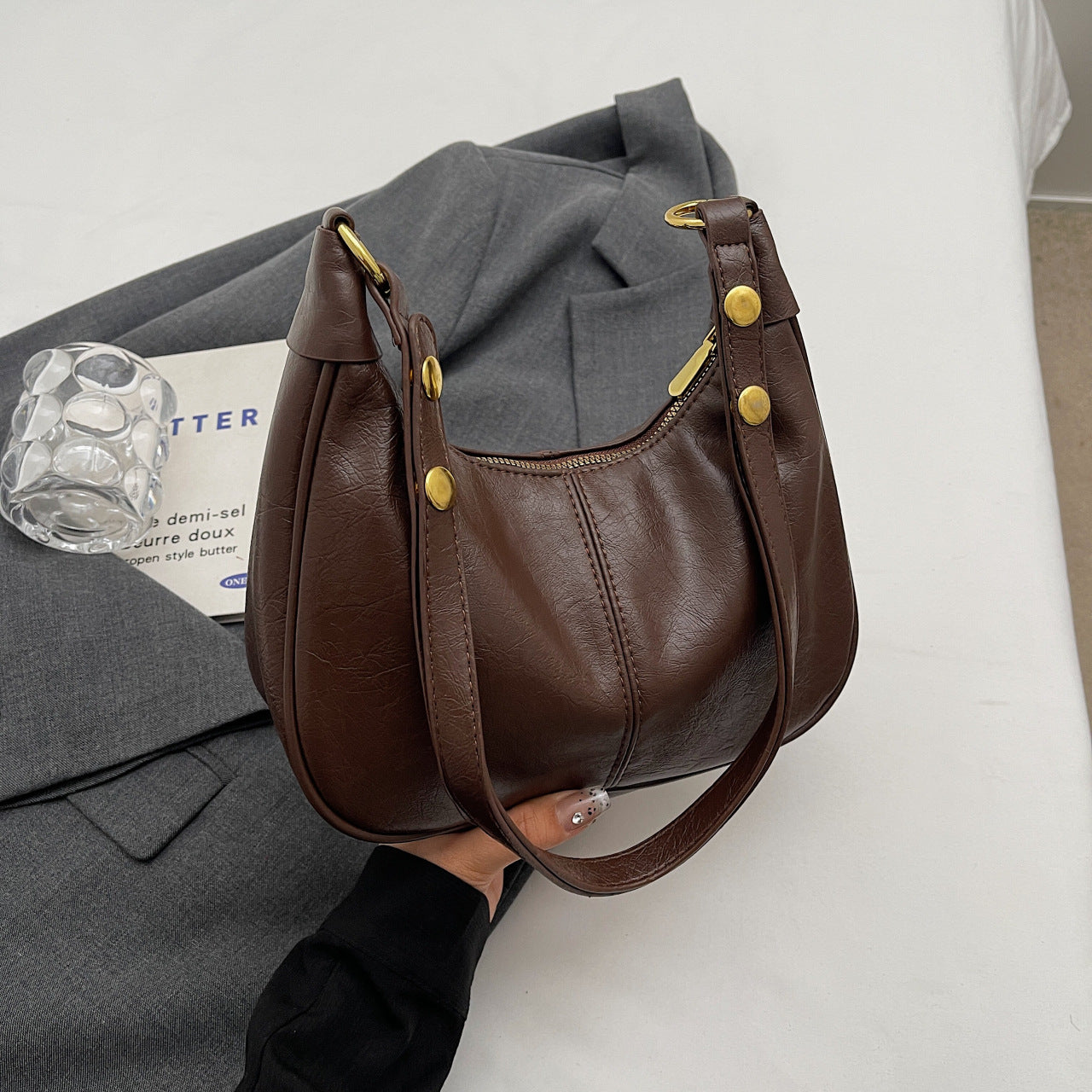 Brown Vintage Faux Leather Hobo Shoulder Bag - Classic and Versatile Handbag V888-ELOSUNG12966