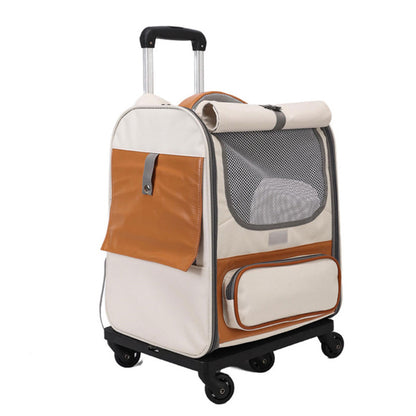 Beige Large Capacity Breathable Foldable Pet Trolley - Travel Cat Carrier with Wheels, Portable, Spacious, V888-ELOSUNG13147