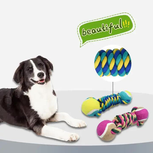 2 PCS Yellow Durable Cotton Rope and Tennis Ball Dog Toy Set - Chew Resistant Tug Toys with Rope Dumbbell - V888-ELOSUNG13165