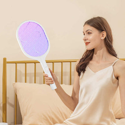 White Rechargeable Electric Mosquito Racket - 2-in-1 Mosquito Killer with Lithium Battery, Fly Swatter & V888-ELOSUNG13212