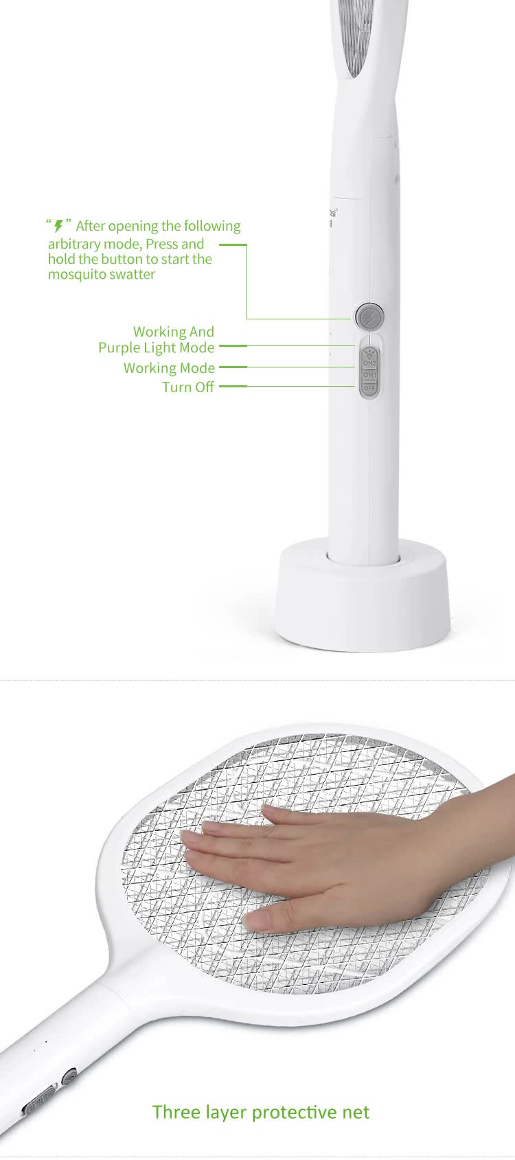 White Rechargeable Electric Mosquito Racket - 2-in-1 Mosquito Killer with Lithium Battery, Fly Swatter & V888-ELOSUNG13212