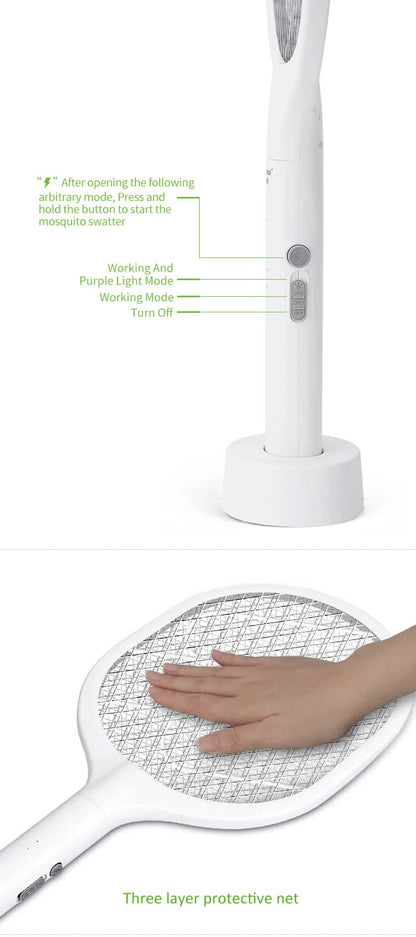 White Rechargeable Electric Mosquito Racket - 2-in-1 Mosquito Killer with Lithium Battery, Fly Swatter & V888-ELOSUNG13212