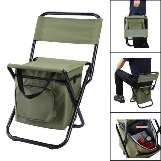 Green Portable 3-in-1 Folding Camping Chair with Storage Bag, Backrest, and Insulated Cooler for Outdoor V888-ELOSUNG13303