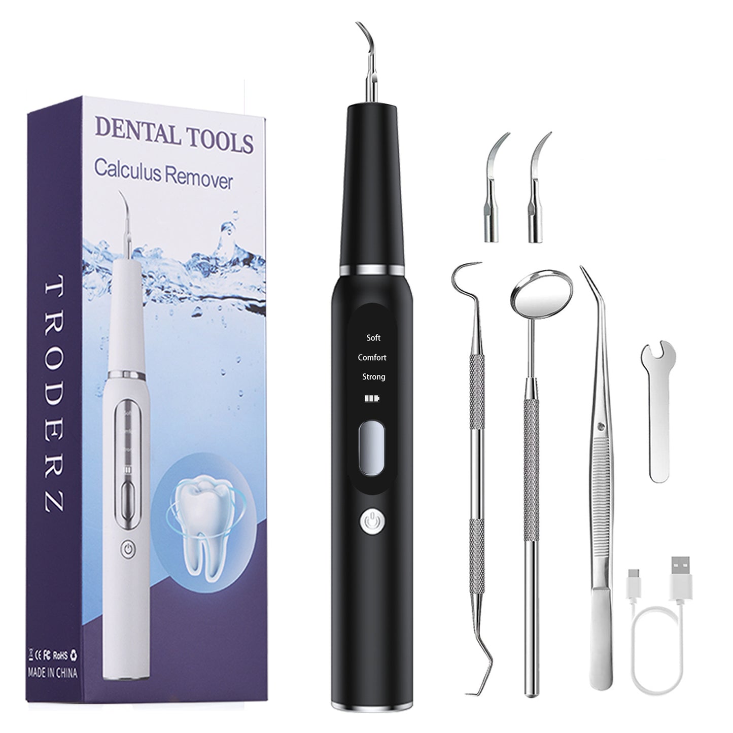 Black Portable Ultrasonic Dental Cleaner, Home Use Plaque Remover, Sonic Tooth Stain & Tartar Cleaning Tool V888-ELOSUNG13322