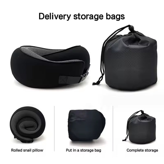 Black Buckle Tape Memory Foam U-Shaped Neck Pillow - Snail Travel Cushion for Airplane, Office Nap, and V888-ELOSUNG13355