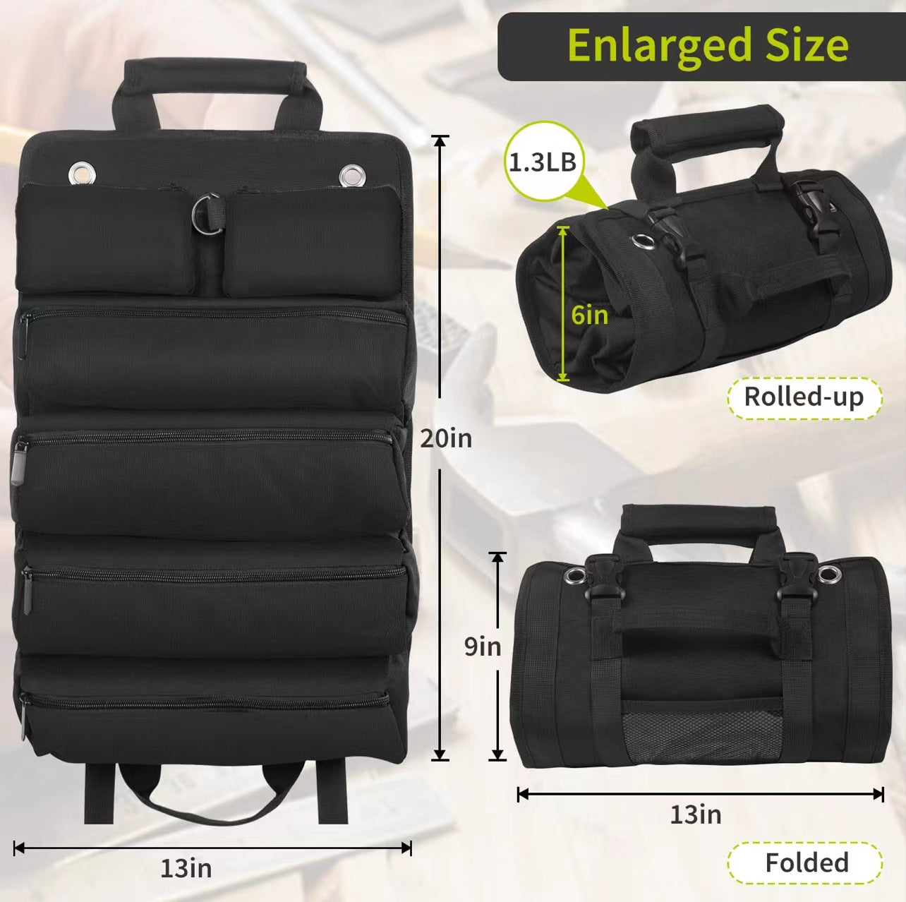 Car Tool Roll-Up Bag, Portable Electrician & Woodworking Tool Organizer, Multi-Pocket Storage V888-ELOSUNG13394