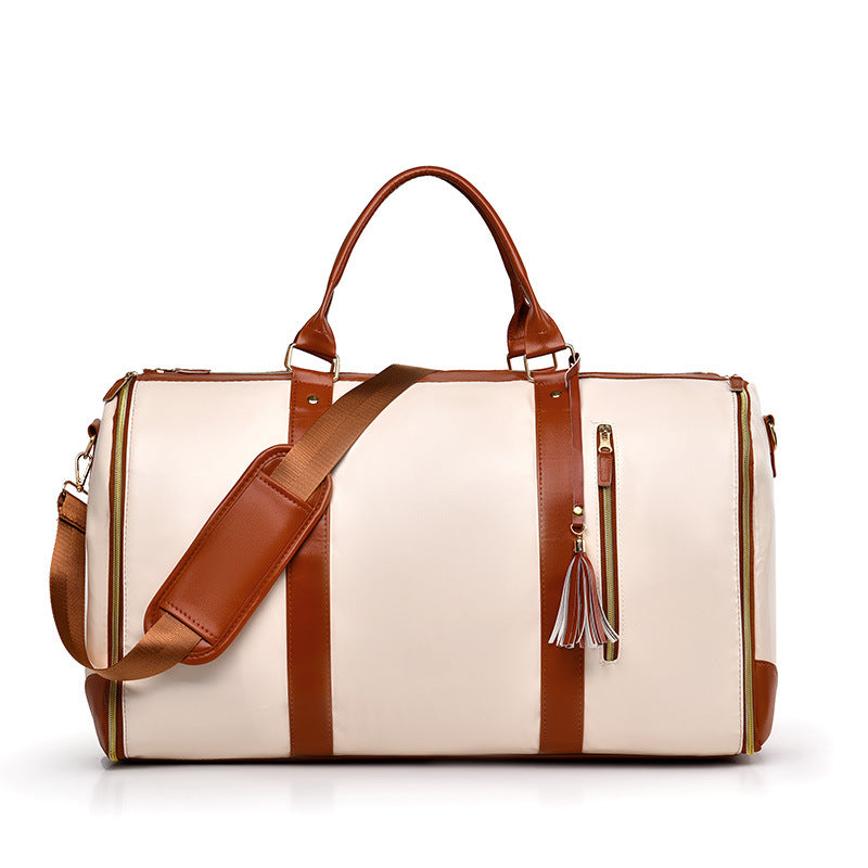 White And Brown PU Leather Foldable Garment Bag, Women's Travel Duffel with Suit Carrier, Multi-Function V888-ELOSUNG13396