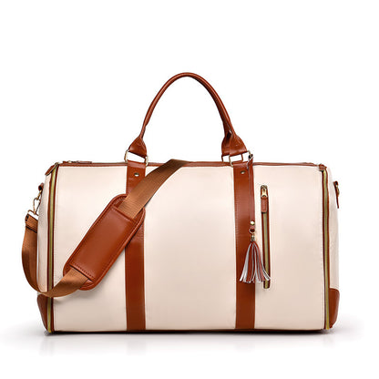 White And Brown PU Leather Foldable Garment Bag, Women's Travel Duffel with Suit Carrier, Multi-Function V888-ELOSUNG13396