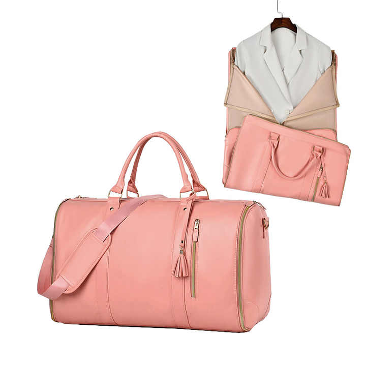 White And Brown PU Leather Foldable Garment Bag, Women's Travel Duffel with Suit Carrier, Multi-Function V888-ELOSUNG13396