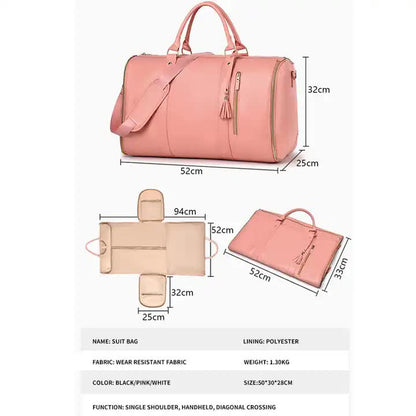 White And Brown PU Leather Foldable Garment Bag, Women's Travel Duffel with Suit Carrier, Multi-Function V888-ELOSUNG13396