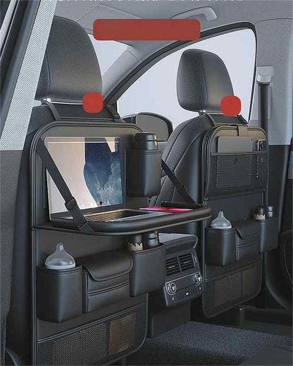 Black Car Seat Back Organizer with Foldable Tray, Leather Backseat Storage Bag, Multi-Pocket Vehicle Organizer V888-ELOSUNG13415
