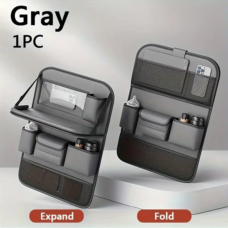 Grey Car Seat Back Organizer with Foldable Tray, Leather Backseat Storage Bag, Multi-Pocket Vehicle Organizer V888-ELOSUNG13416