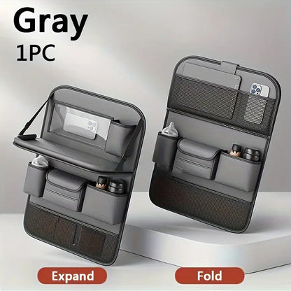 Grey Car Seat Back Organizer with Foldable Tray, Leather Backseat Storage Bag, Multi-Pocket Vehicle Organizer V888-ELOSUNG13416
