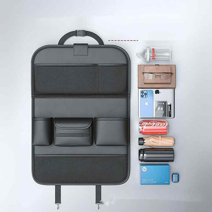 Grey Car Seat Back Organizer with Foldable Tray, Leather Backseat Storage Bag, Multi-Pocket Vehicle Organizer V888-ELOSUNG13416