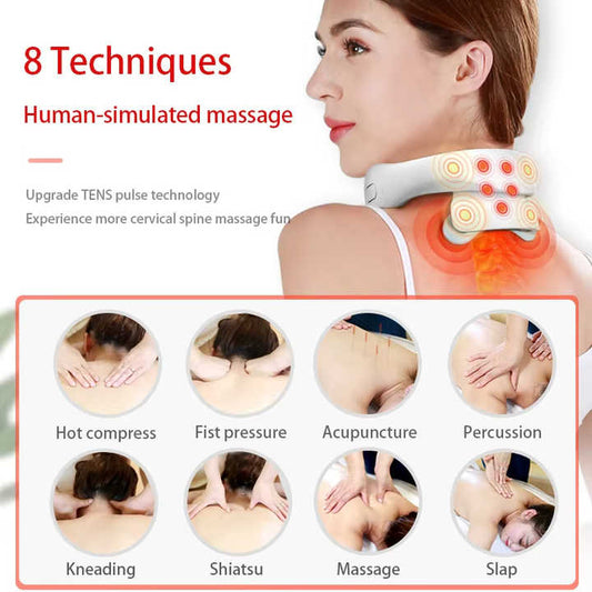 White Portable Electric Neck Massager - Intelligent Pulse Therapy with Heat and 4 Massage Heads V888-ELOSUNG13449