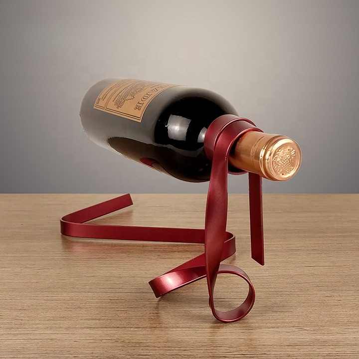 Red Modern Ribbon Wine Bottle Holder - Creative Floating Wine Rack for Home and Bar Decor V888-ELOSUNG13543