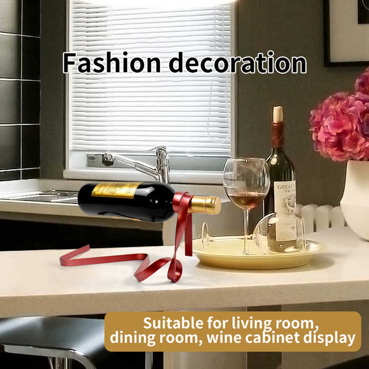Red Modern Ribbon Wine Bottle Holder - Creative Floating Wine Rack for Home and Bar Decor V888-ELOSUNG13543