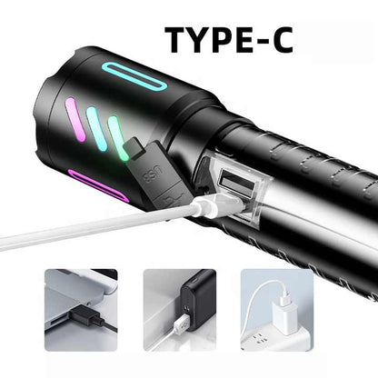 LED Rechargeable Laser Flashlight - Multifunctional Type-C Strong Light Torch with Adjustable Zoom V888-ELOSUNG13556