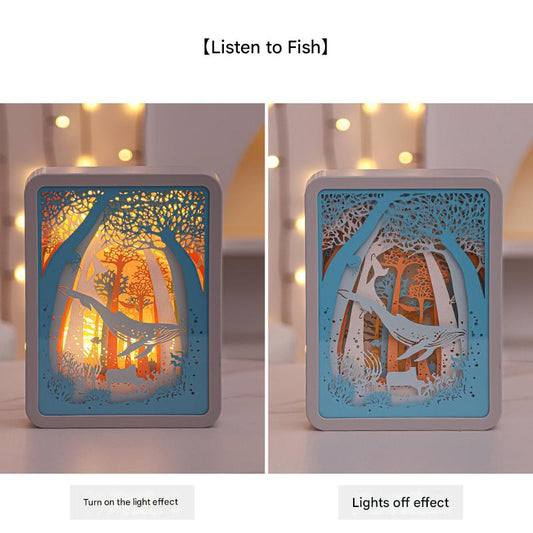 Listening To Fish Style 3D Paper Carving Night Light - USB Or Battery Powered Decorative Bedside Lamp | V888-ELOSUNG13583