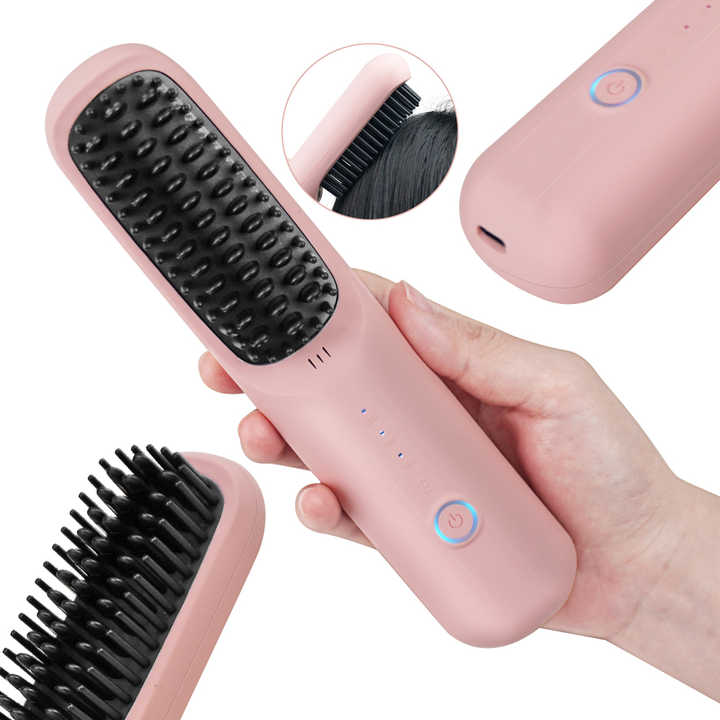Black Wireless Hair Straightening Brush - Portable 2-in-1 Styling Tool with USB Charging, Ceramic Heat V888-ELOSUNG13675