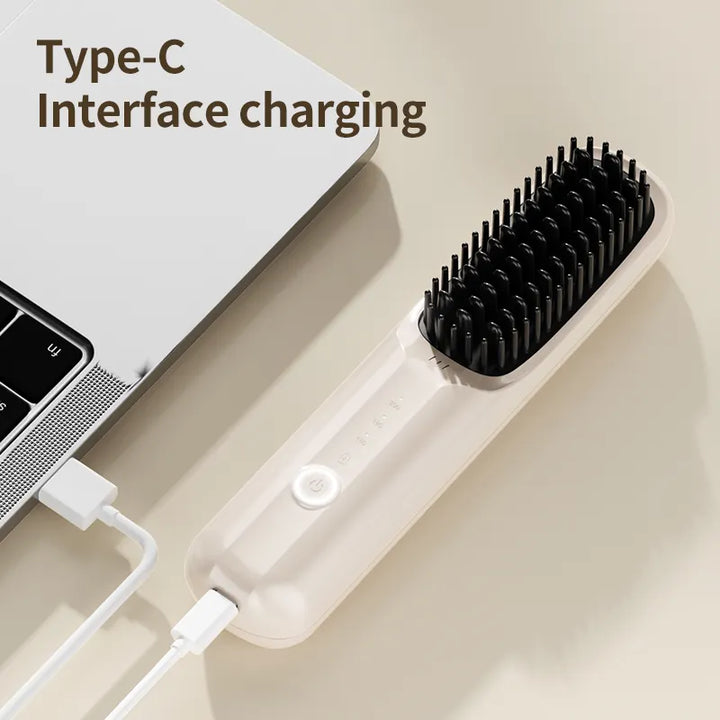 Black Wireless Hair Straightening Brush - Portable 2-in-1 Styling Tool with USB Charging, Ceramic Heat V888-ELOSUNG13675