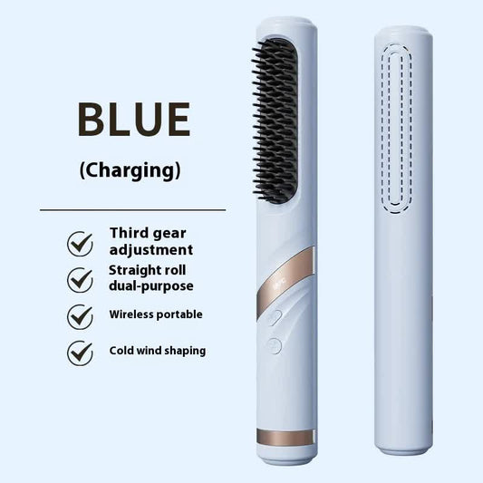 Blue Portable USB Rechargeable Cold Wind Ionic Hair Straightening Brush, Multi-Functional Hair Straightener V888-ELOSUNG13679