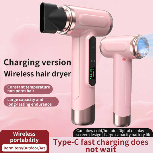 Pink wireless Hair Dryer with Cold & Hot Air, Portable Large-Capacity Rechargeable Ionic Dryer, Fast-Drying, V888-ELOSUNG13684