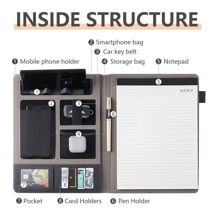 Black A4 Leather Multi-Functional Business Document Folder with Card Slots - Contract File Organizer V888-ELOSUNG13745