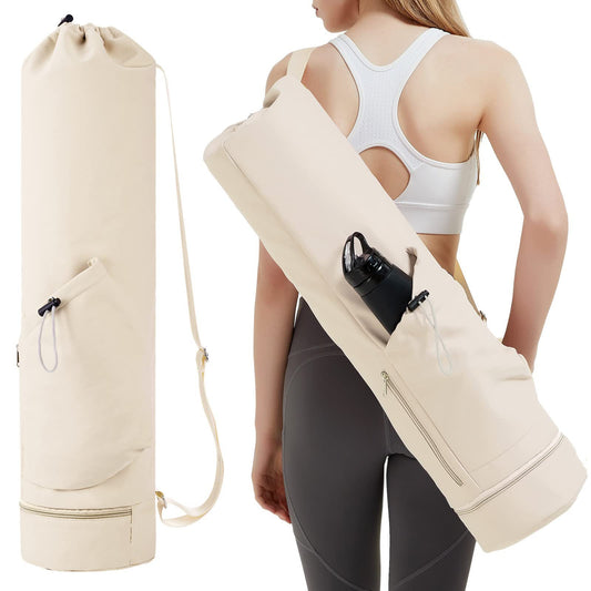 Beige Durable Yoga Mat Carry Bag - Multi-Functional Fitness Backpack with Wet Pocket(Mugs are filming props, V888-ELOSUNG13911