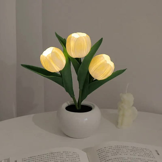 Yellow Flowers USB Tulip Night Light - Bedroom Decor Table Lamp with PU Flowers & Ceramic Pot, Perfect Gift V888-ELOSUNG13933