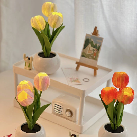 Yellow Flowers USB Tulip Night Light - Bedroom Decor Table Lamp with PU Flowers & Ceramic Pot, Perfect Gift V888-ELOSUNG13933