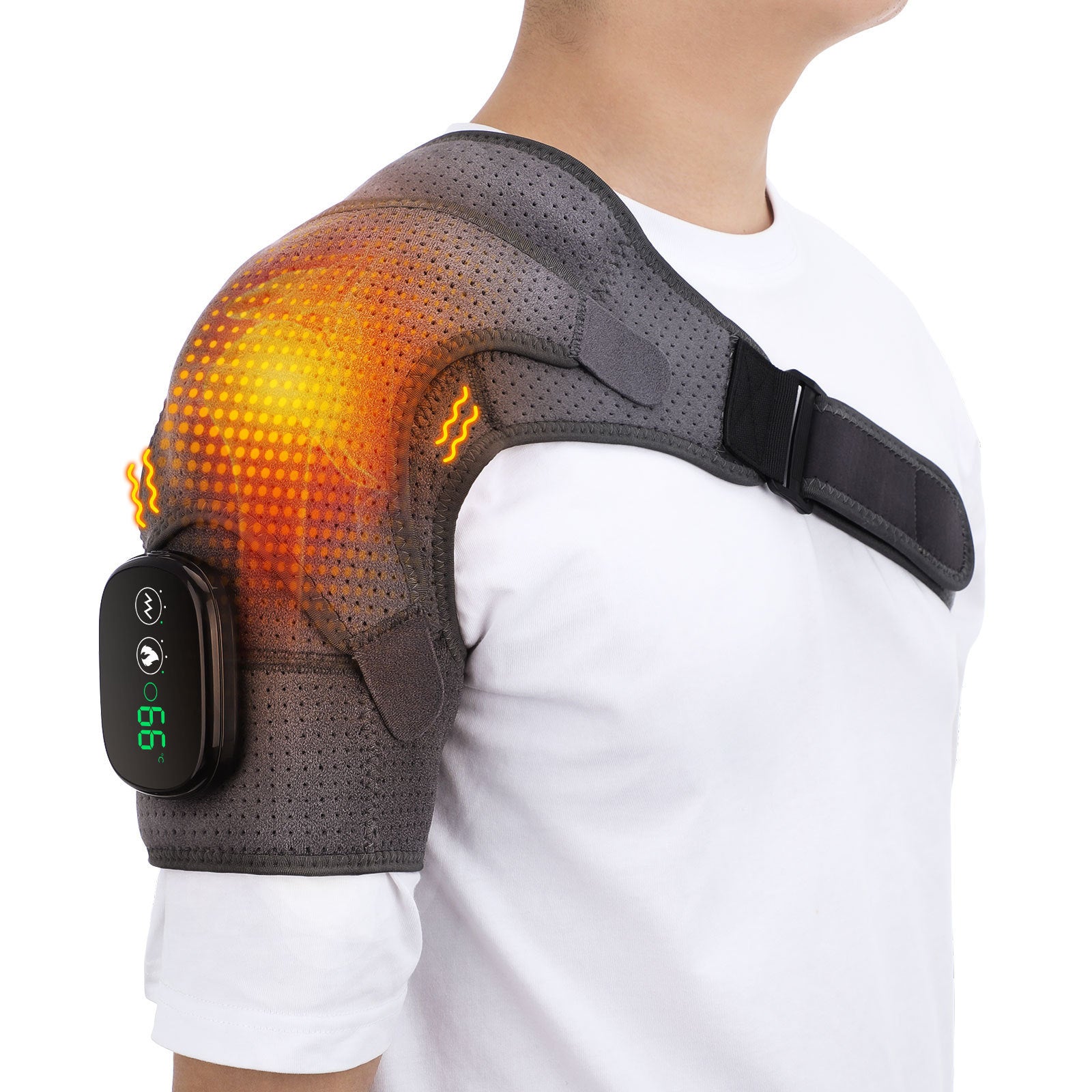 Gray Rechargeable Heated Shoulder Massager with LED Display - Adjustable Compression Wrap for Pain Relief and V888-ELOSUNG15100