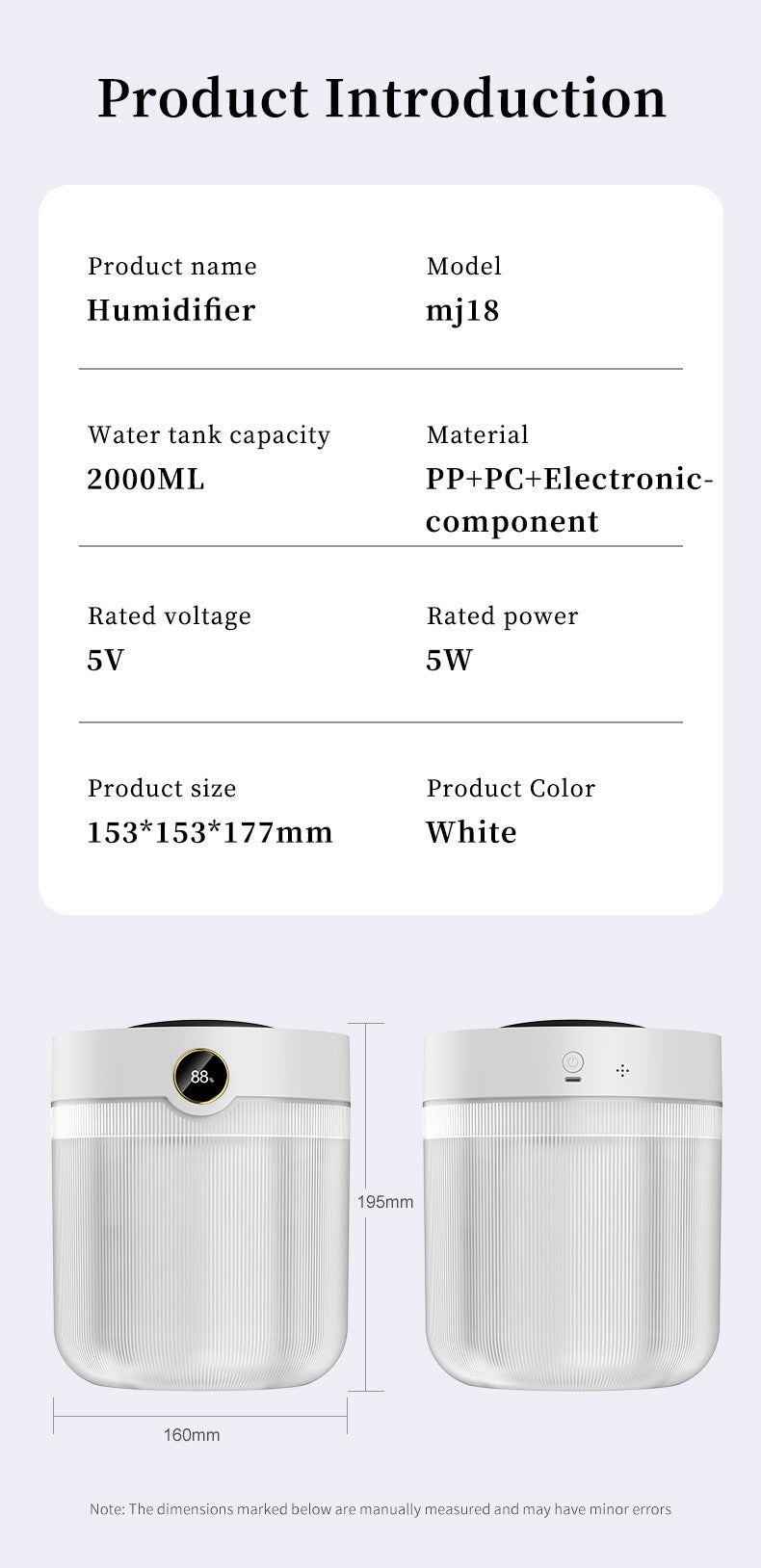 2000ML Large Capacity Humidifier with LED Display - Silent Cool Mist Air Humidifier for Home and Office V888-ELOSUNG15123