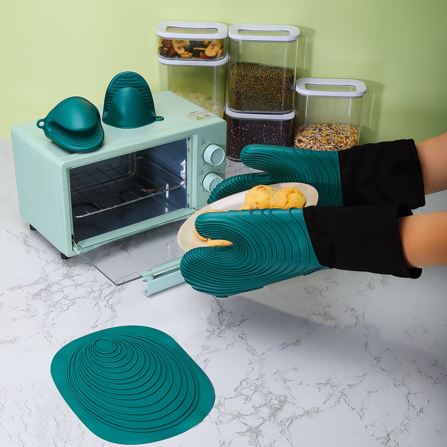 Gray Spiral Pattern Silicone Oven Mitts - Heat Resistant and Non-Slip Design (1 Pair/2 PCS) V888-ELOSUNG15238