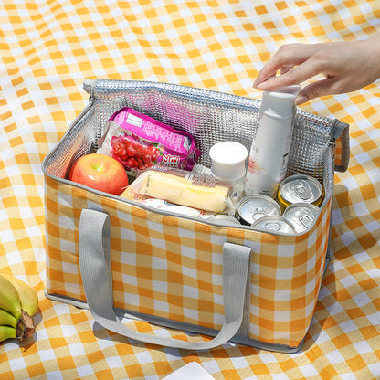 2PCS Yellow Insulated Picnic Lunch Bag with Checkered Design, Thermal Storage for Hot and Cold Items V888-ELOSUNG15474