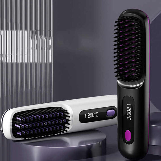 Black Wireless Hair Straightening Brush - Compact and Rechargeable Styling Tool V888-ELOSUNG15546