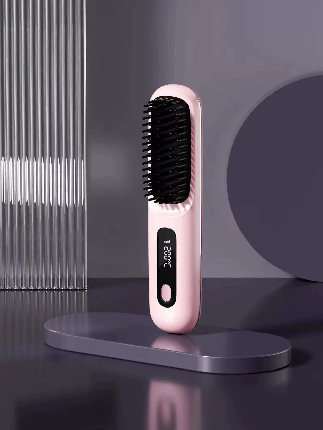 Pink Wireless Hair Straightening Brush - Compact and Rechargeable Styling Tool V888-ELOSUNG15548